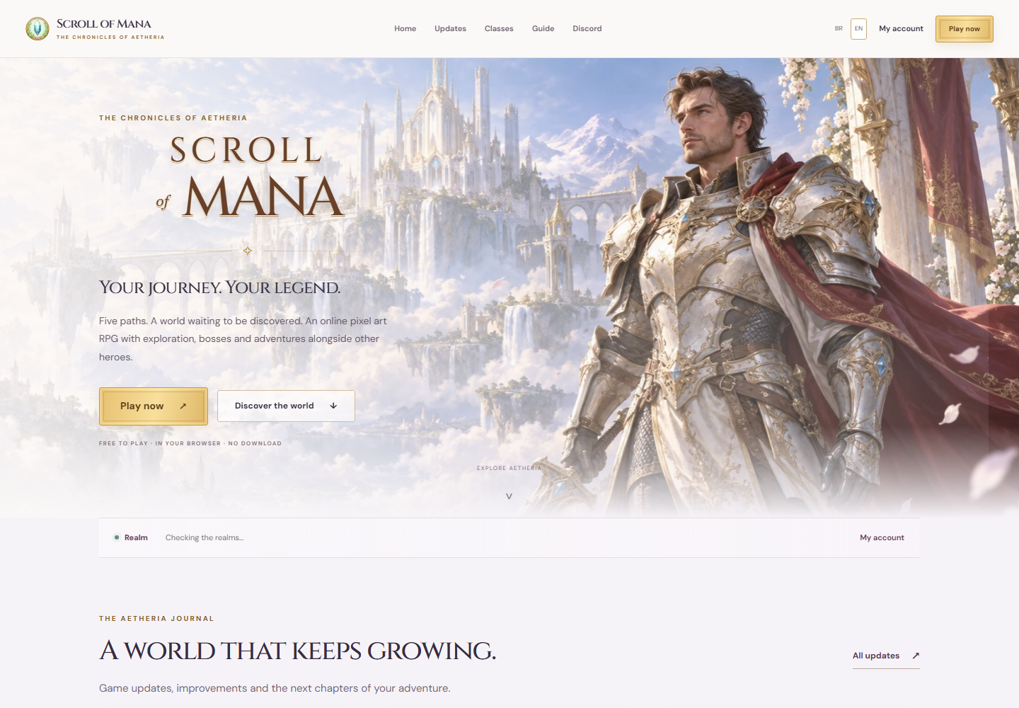Página inicial real do Scroll of Mana com os textos em inglês.