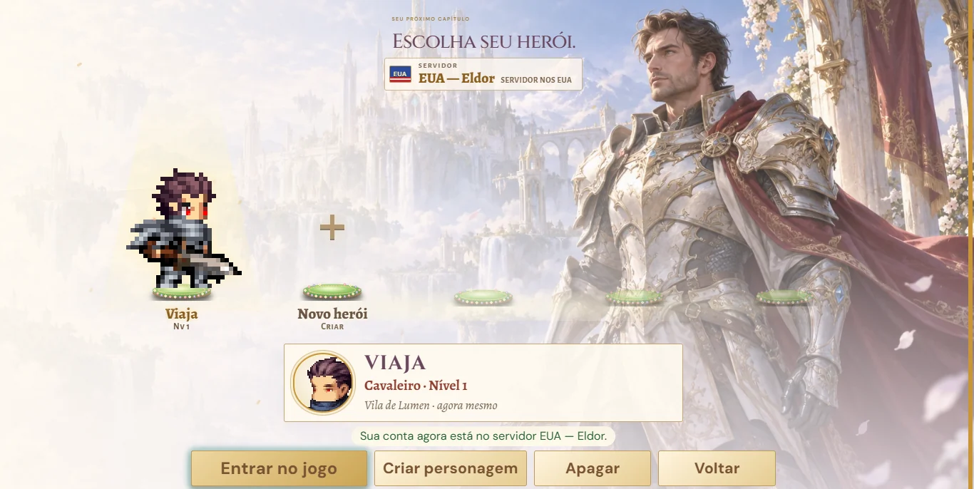 Tela Escolha seu herói no servidor EUA — Eldor com o aviso Sua conta agora está no servidor EUA — Eldor.