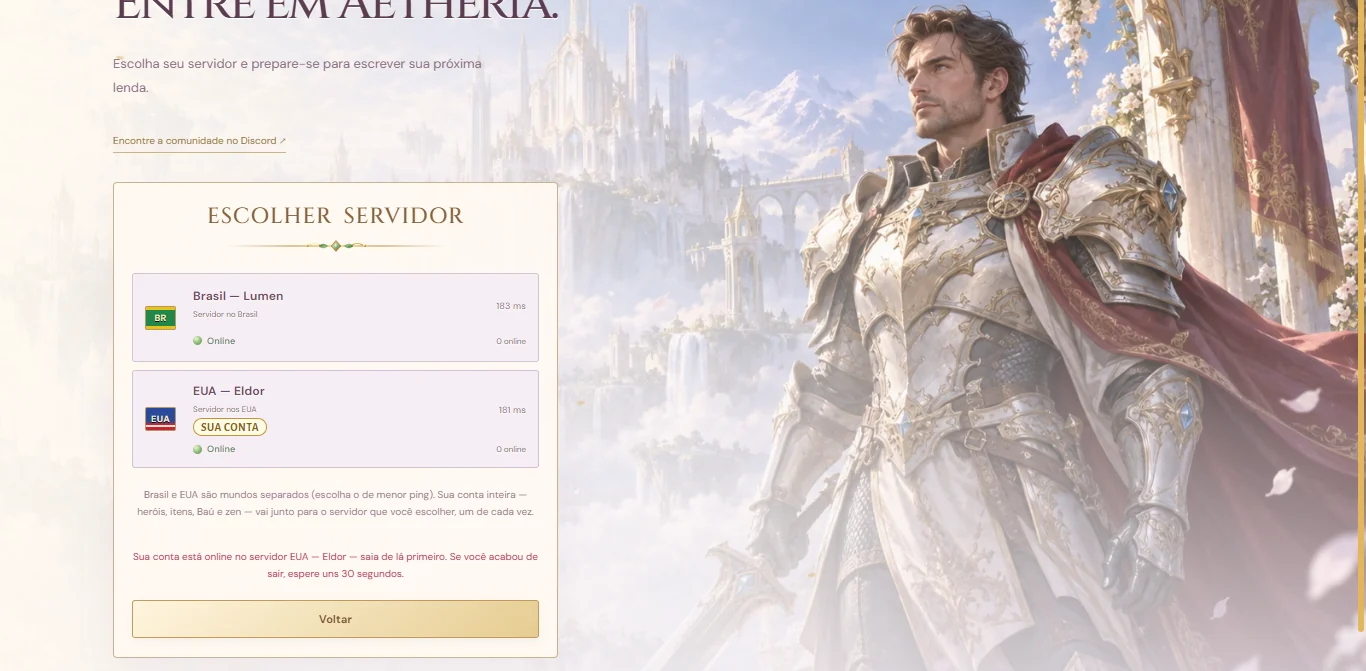 Lista de servidores com o aviso Sua conta está online no servidor EUA — Eldor — saia de lá primeiro.
