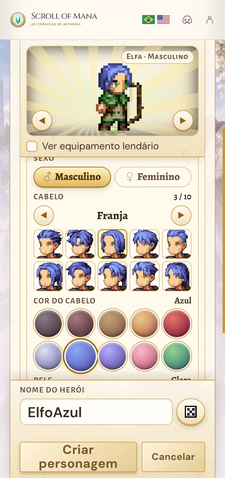 Create character screen on a phone: a blue-haired male Elf fixed at the top and, below, the hair styles and colors.