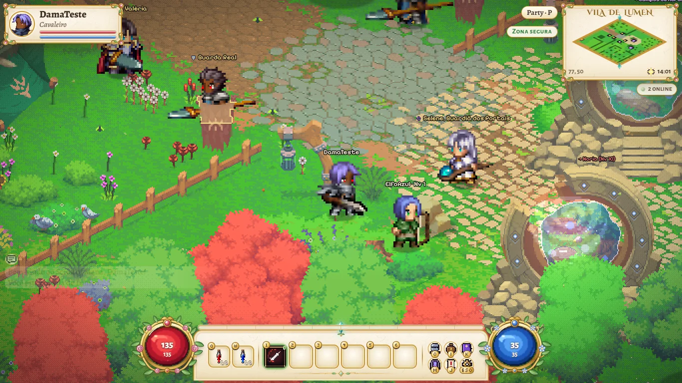 Two test heroes side by side in the Village of Lumen, near Selene: a violet-haired, tan-skinned Knight and a blue-haired Elf.