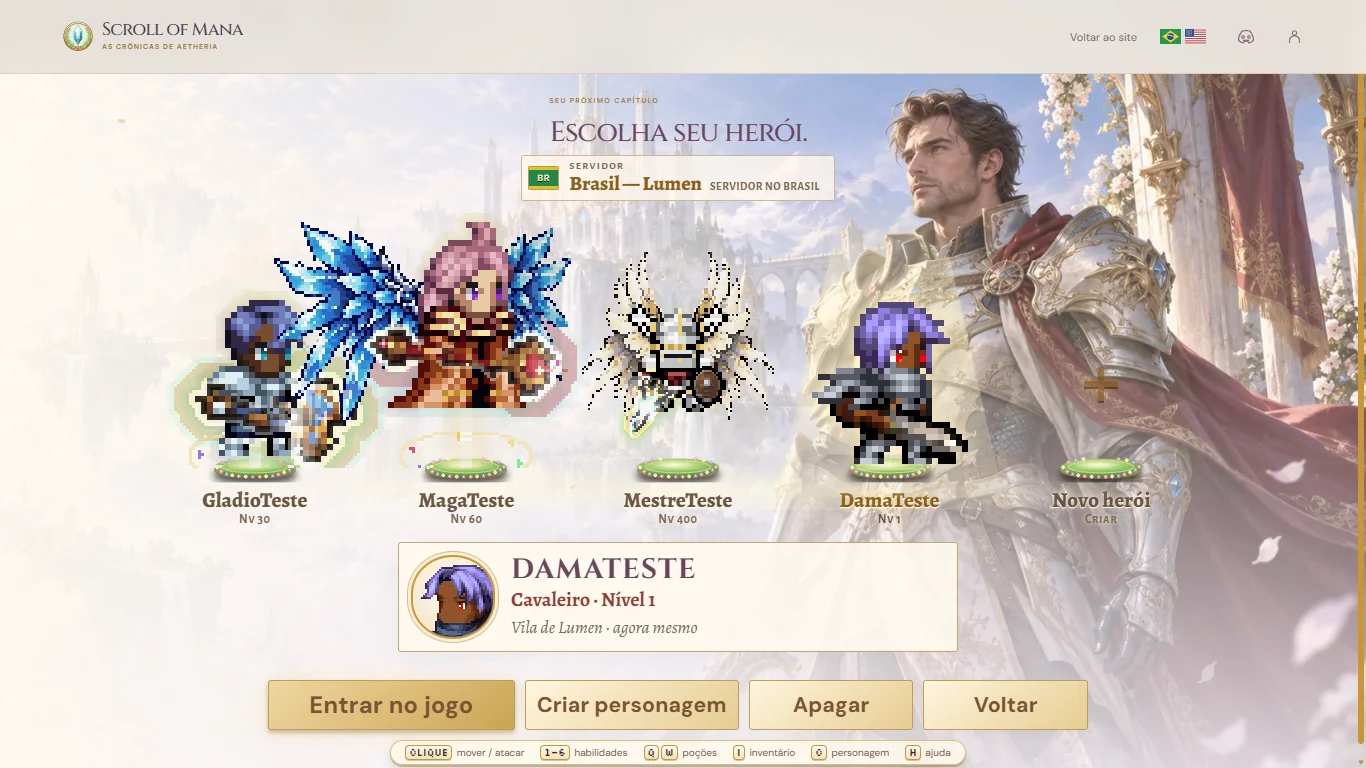Character select with four test heroes, one of them a winged Blade Master, all at the same size.