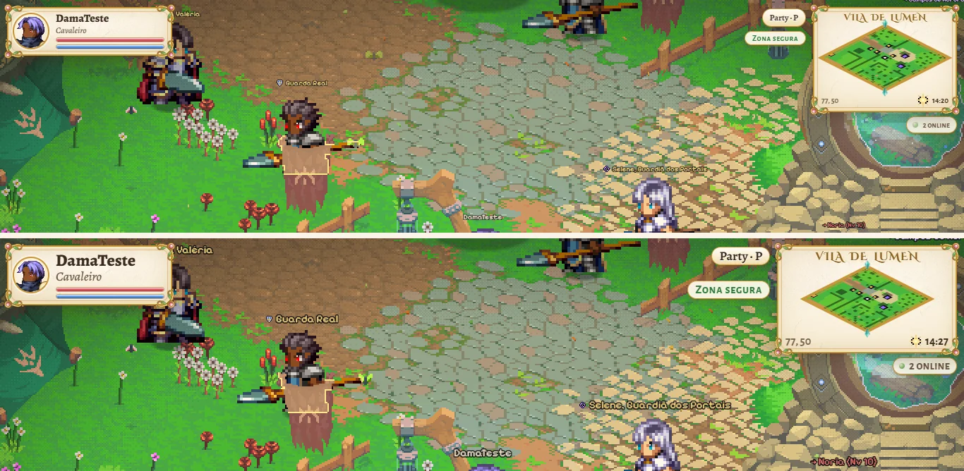 Two strips of the same scene in the Village of Lumen. On top, with the text at Normal, the HUD portrait, the names and the minimap; below, the same texts larger, at Extra large.