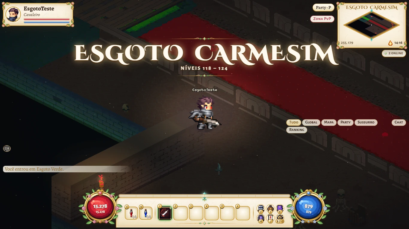 A hero arriving at the Crimson Sewer, with the level 118 to 124 banner.