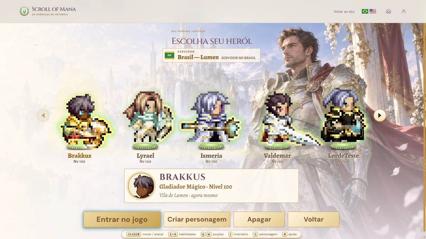 Seleção de personagem com cinco heróis de teste, um de cada classe, cada um vestindo o conjunto de armadura da sua classe.