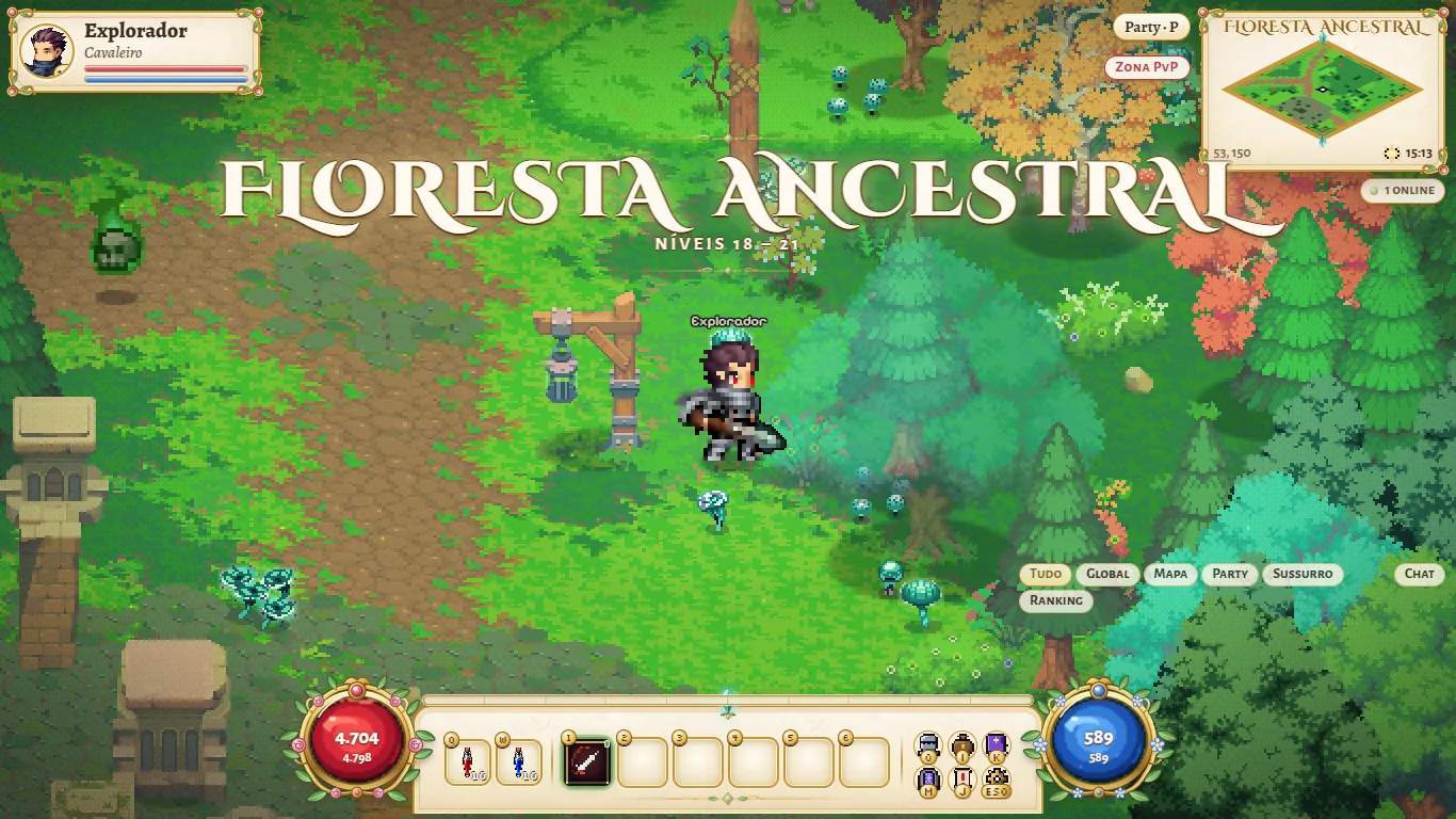Hero in the Ancient Forest, south of the Deep Forest, with the level 18 to 21 notice.