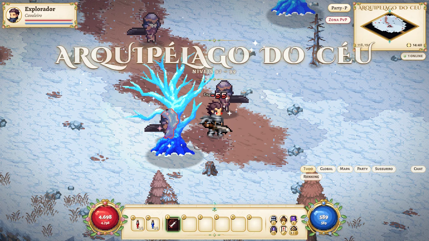 Hero in the Sky Archipelago, on the Celestial Plateau, with the level 97 to 99 notice and monsters around.