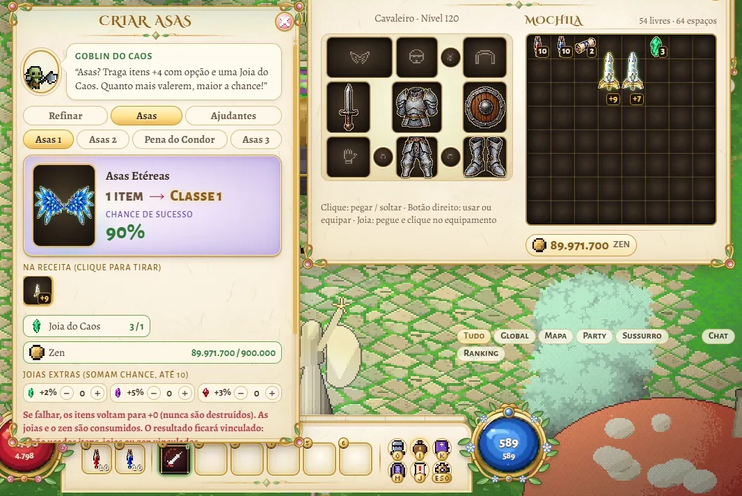 Chaos Goblin window on the Wings tab, Wings 1 recipe, with a +9 sword placed, a 90% chance, and the cost in Chaos Jewel and Zen.