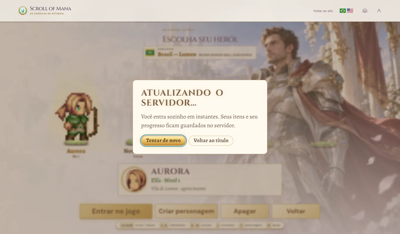 Tela de personagens com o aviso Atualizando o servidor e os botões Tentar de novo e Voltar ao título.