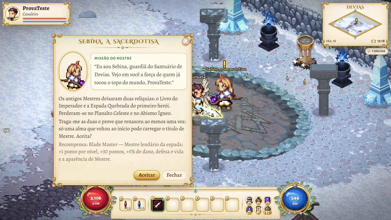 Diálogo de Sebina, a Sacerdotisa, oferecendo A Provação do Mestre a um Cavaleiro, com a recompensa Blade Master.