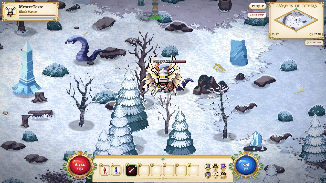 Herói nos Campos de Devias, mapa de neve, com um Verme da Neve ao fundo.