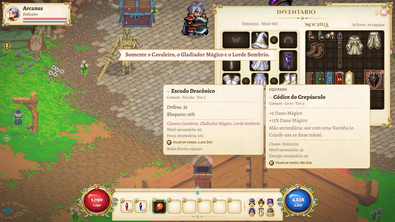 A Wizard trying to equip a shield, with the notice of which classes can use it.