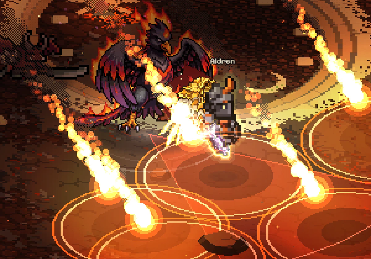 Pyrael usando aliento de fuego y meteoros