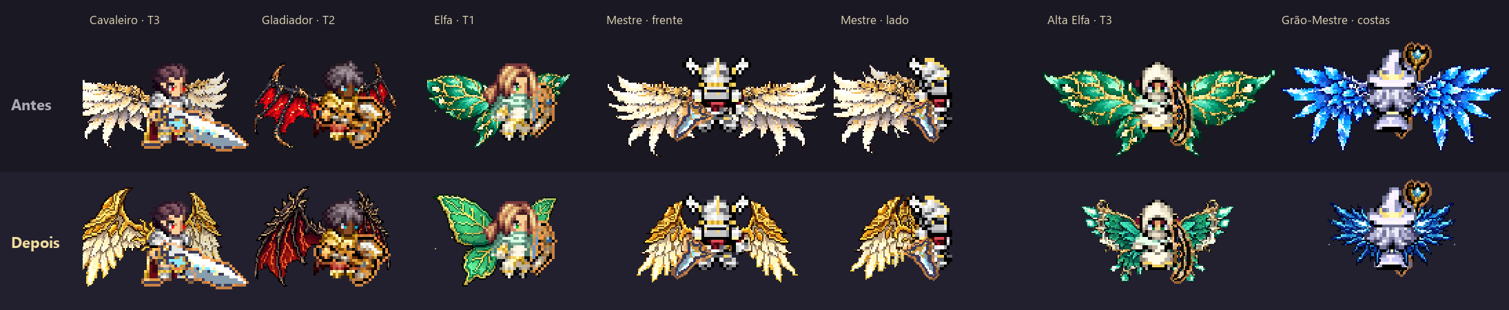 Old and new wings compared on several heroes