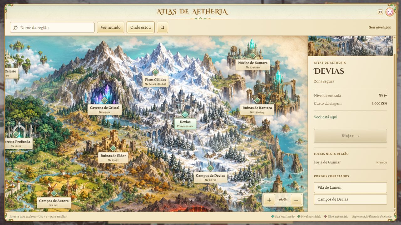 Devias y las montañas nevadas con el mapa ampliado