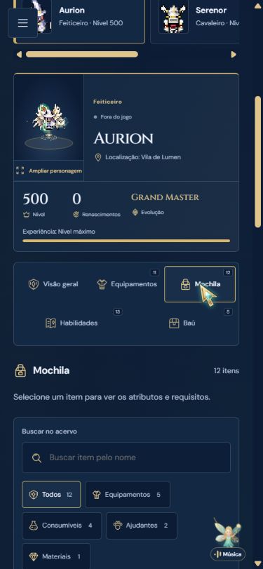 Minha conta no celular com abas em duas linhas e filtros da mochila