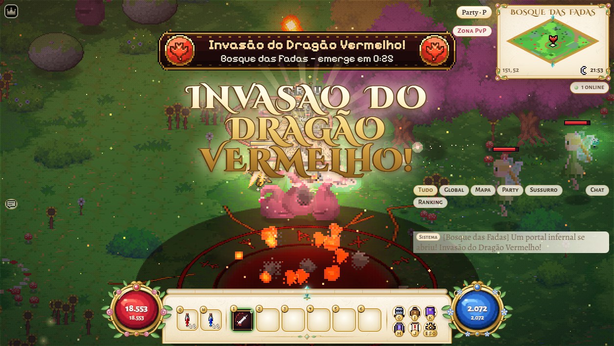 Hellish portal opening on the ground of Aurora Fields, with red runes, lava cracks and the Red Dragon invasion message