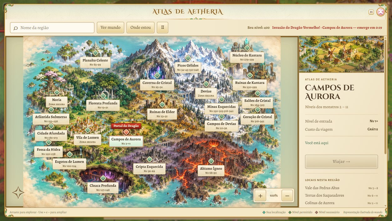 Atlas of Aetheria with the Dragon Portal badge on Aurora Fields and the invasion line at the top
