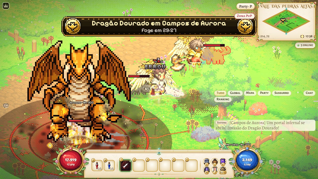 Golden Dragon rising out of the portal in Fairy Woods, turned toward the hero, who stays visible in front of it