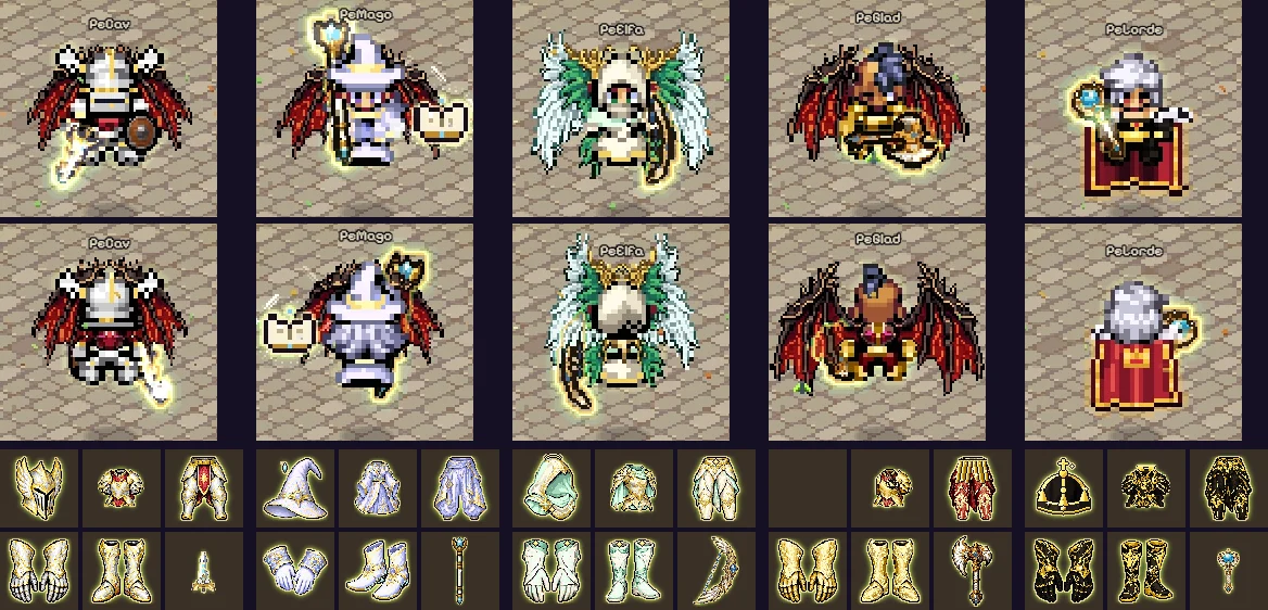Cada clase con su conjunto equipado y los iconos de los objetos del inventario.