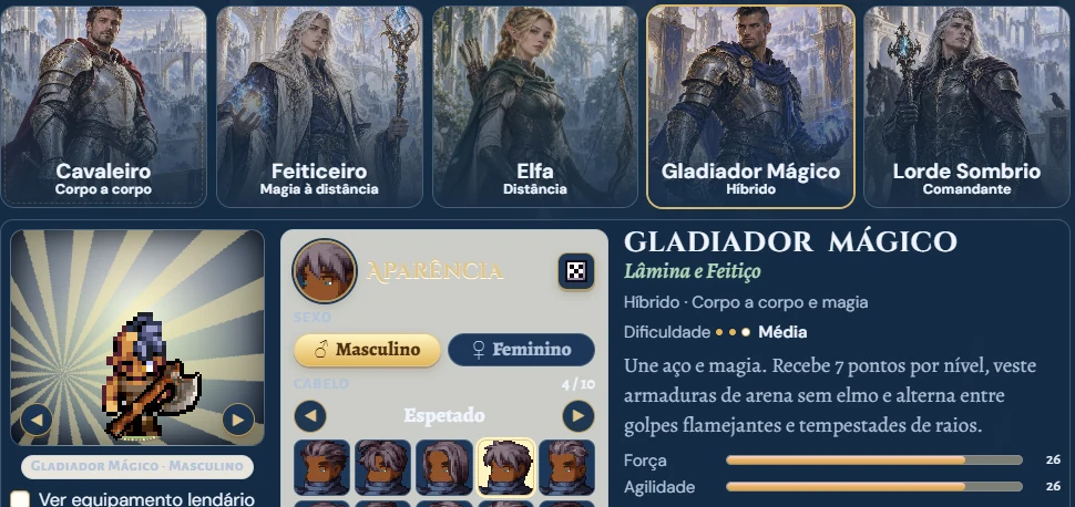 Pantalla de creación de personaje con el Gladiador elegido.
