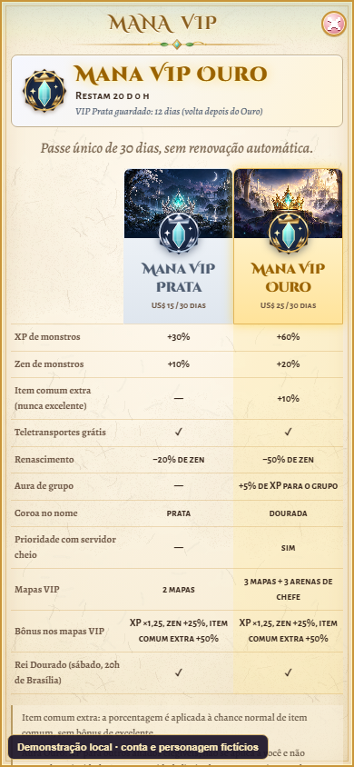 Janela Mana VIP aberta no jogo em uma tela de celular