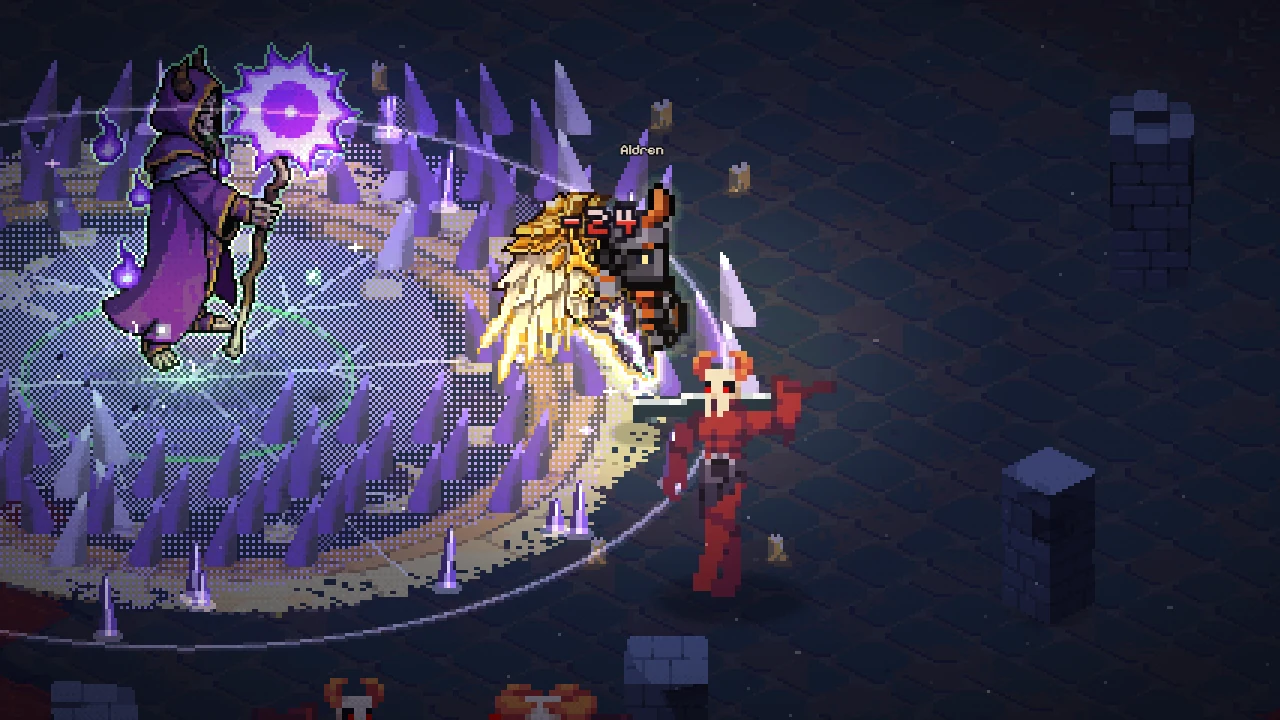 Brujo Morvane encapuchado lanzando magia morada