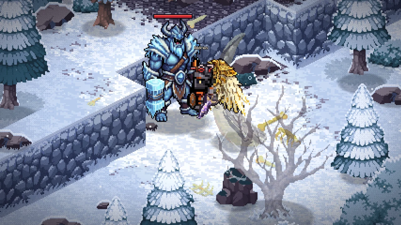 Gigante de Hielo con armadura atacando al héroe