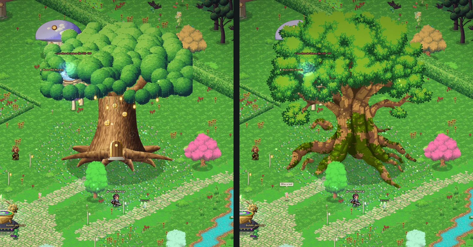Lado a lado: el Árbol Madre antiguo, de copa lisa y puerta en el tronco, y el nuevo, de tronco con musgo y raíces extendidas.