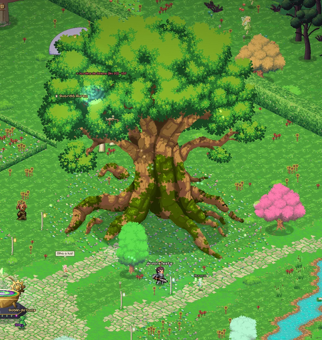El nuevo Árbol Madre entero, al norte de la plaza de Noria, con el héroe de prueba en la calle empedrada delante.