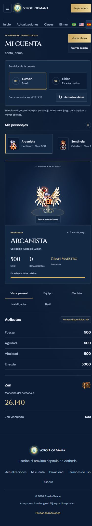 Panel móvil en español con un personaje con alas