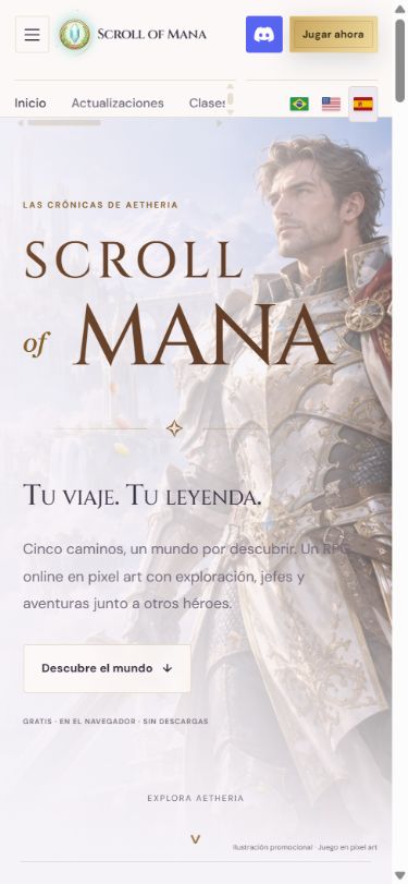 Página inicial no celular com bandeiras e abertura em espanhol