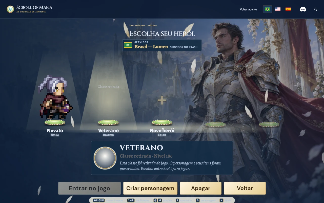 Selección de personajes con un Gladiador Mágico antiguo marcado como inactivo