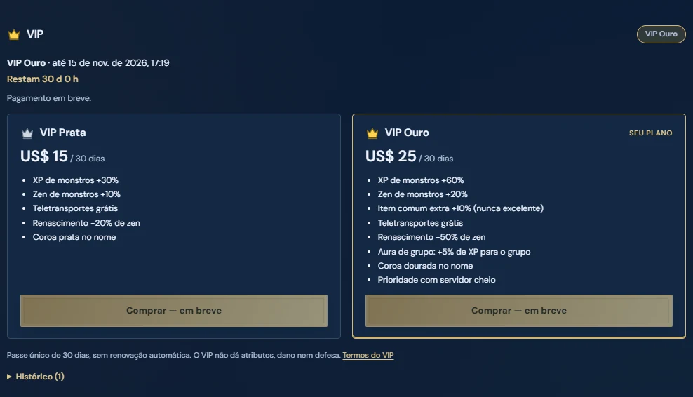 VIP card on the My account page with the US$ 15 and US$ 25 plans