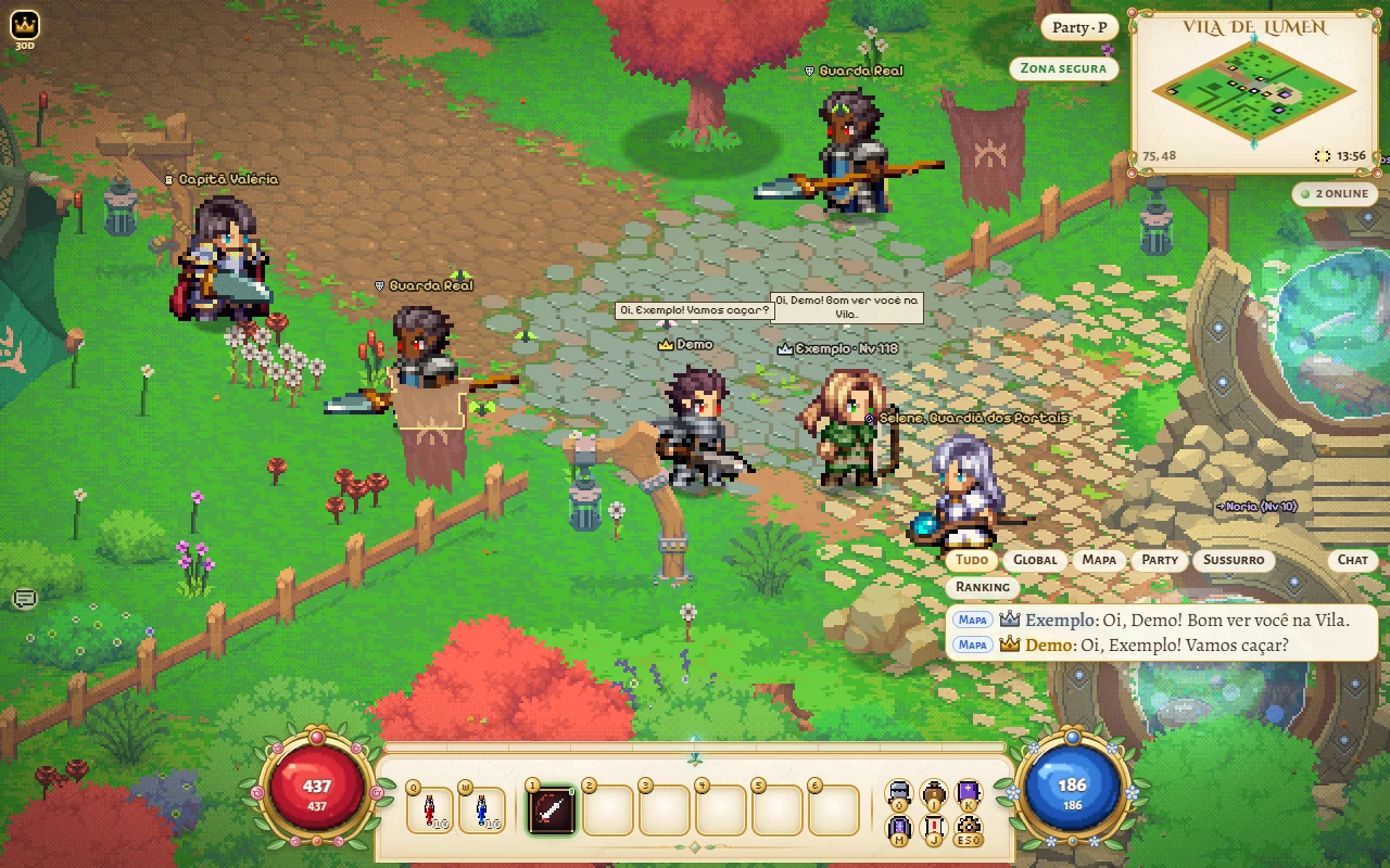 Two heroes in the Village of Lumen with silver and gold crowns on their name plates and in chat
