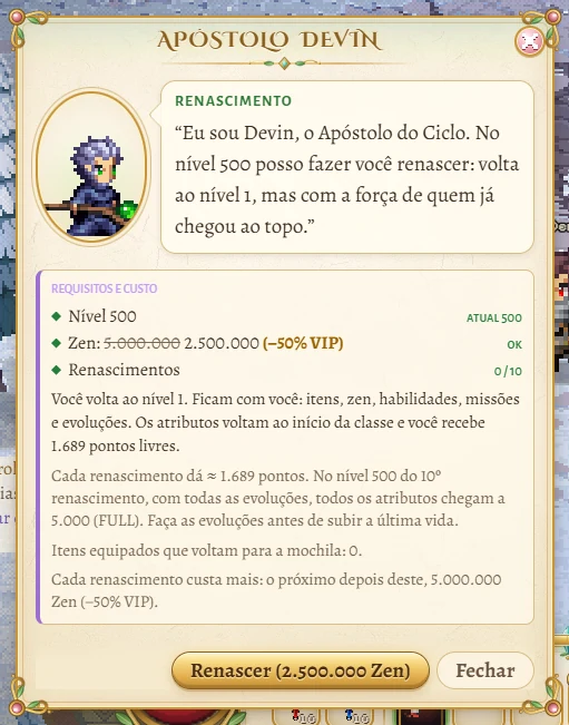 Rebirth dialog with the Gold VIP discount